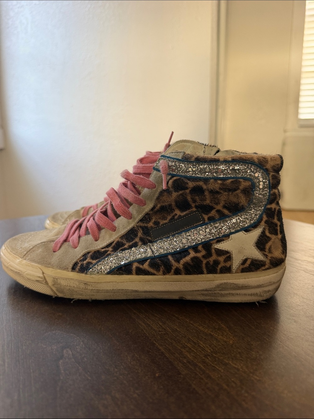 Golden Goose Leopard Print High-Top Sneakers with Pink Laces